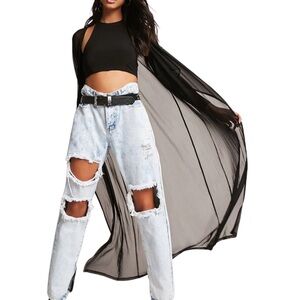 Long Black Sheer Long Sleeve Kimono Cardigan with Belt